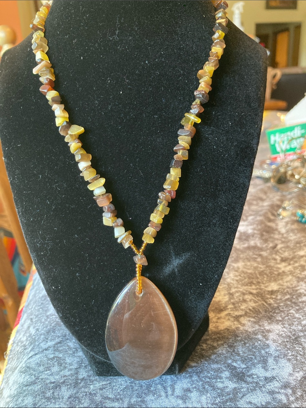 Boho natural stone chip & stone/glass pendant necklace